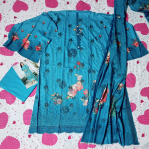 Sequence Cotton Three Piece - Deep Sky Blue Color - Eid Special Collection 2024